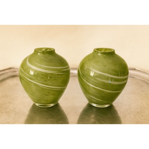 Murano Other - Vintage MCM Art Glass Vase Pair | Murano-Style Filigrana | Olive Green